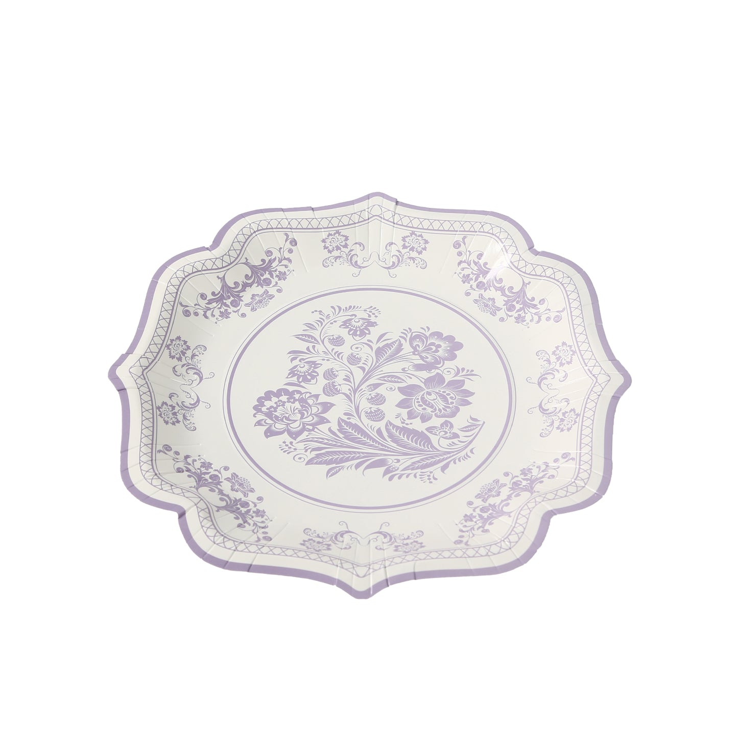25 Pack White Lavender Lilac Disposable Salad Plates in Damask Floral Pattern, 8" Round Appetizer Dessert Paper Plates with Scalloped Rims - 300 GSM