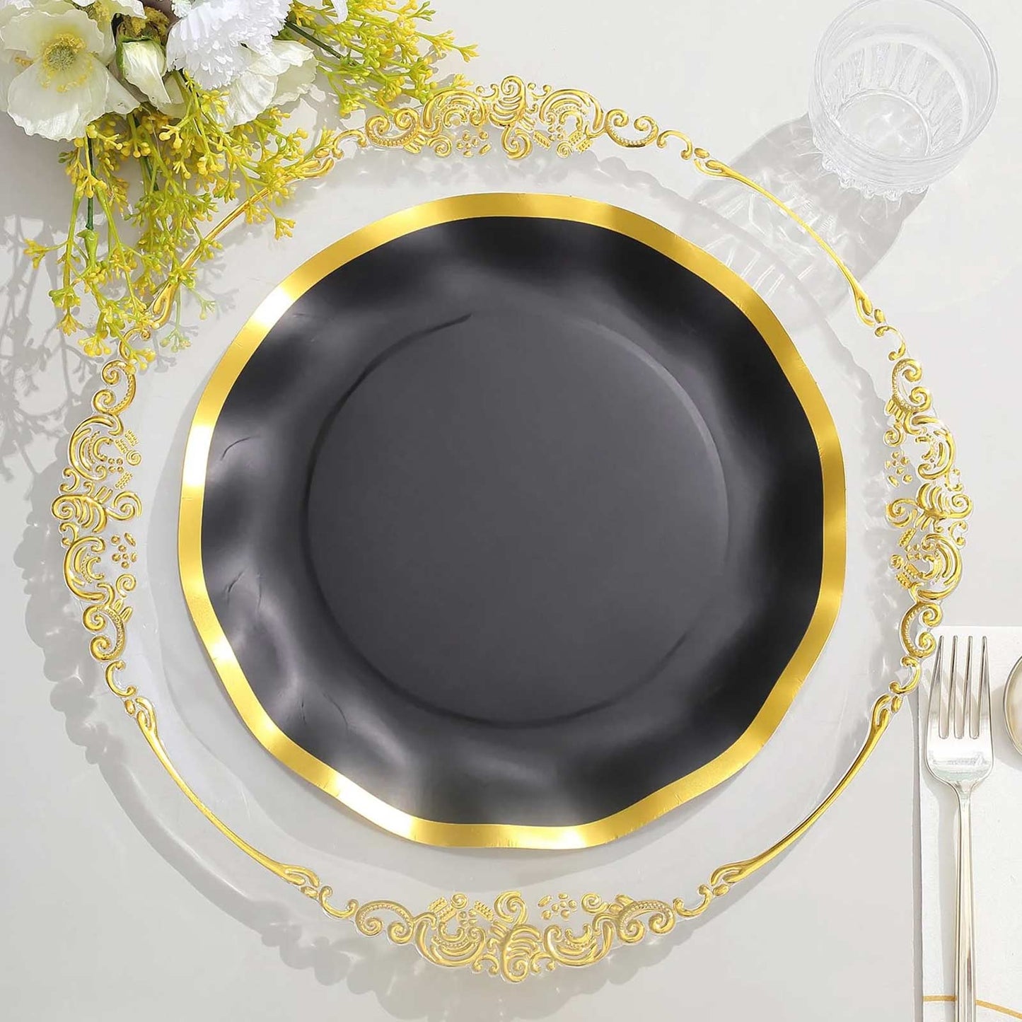 25 Pack | 10" Matte Black / Gold Wavy Rim Paper Dinner Plates, Disposable Round Party Plates – 350 GSM