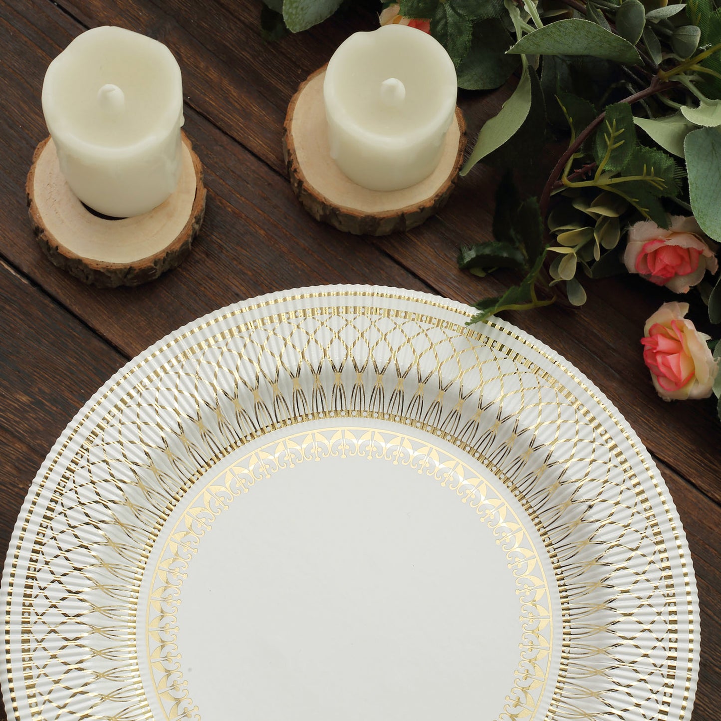25 Pack | 10" Gold And White Porcelain Style Vintage Disposable Plates, Heavy Duty Paper Dinner Party Plates - 300gsm