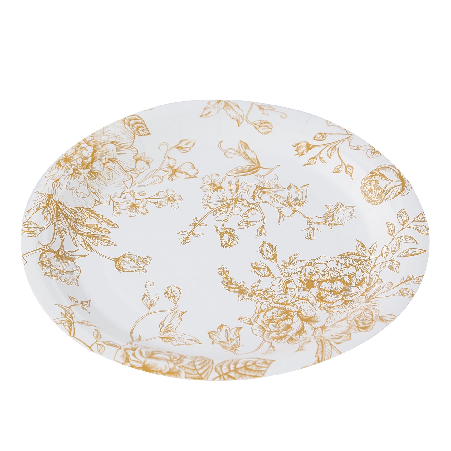 25 Pack 9" French Toile Paper Party Plates, White Gold Round Disposable Dinner Plates