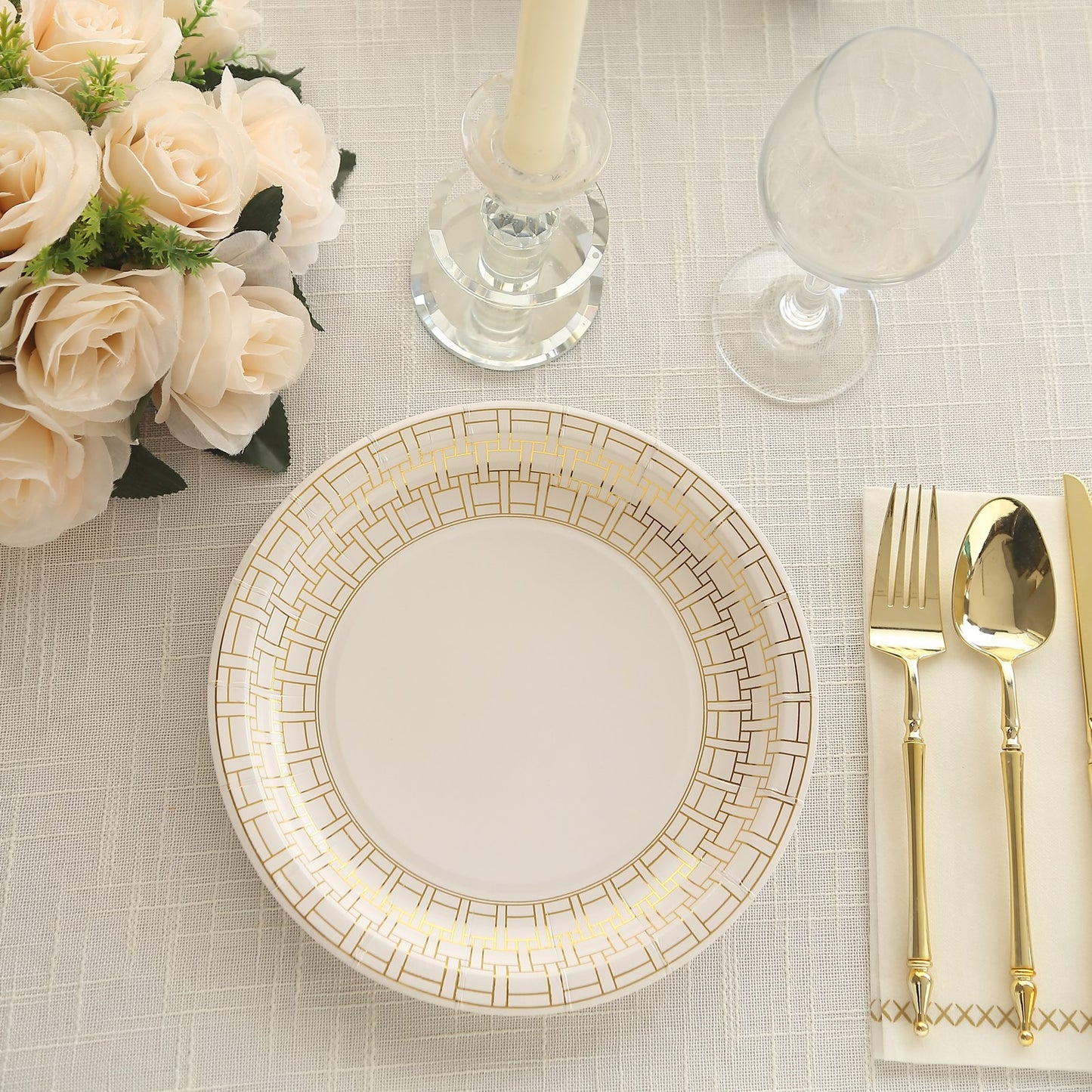 25 Pack White Disposable Party Plates With Gold Basketweave Pattern Rim, 9" Round Dinner Paper Plates