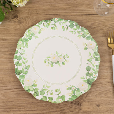 White Floral Greenery Dessert Paper Plates with Scalloped Edge White Floral Greenery Dessert Paper Plates with Scalloped Edge
