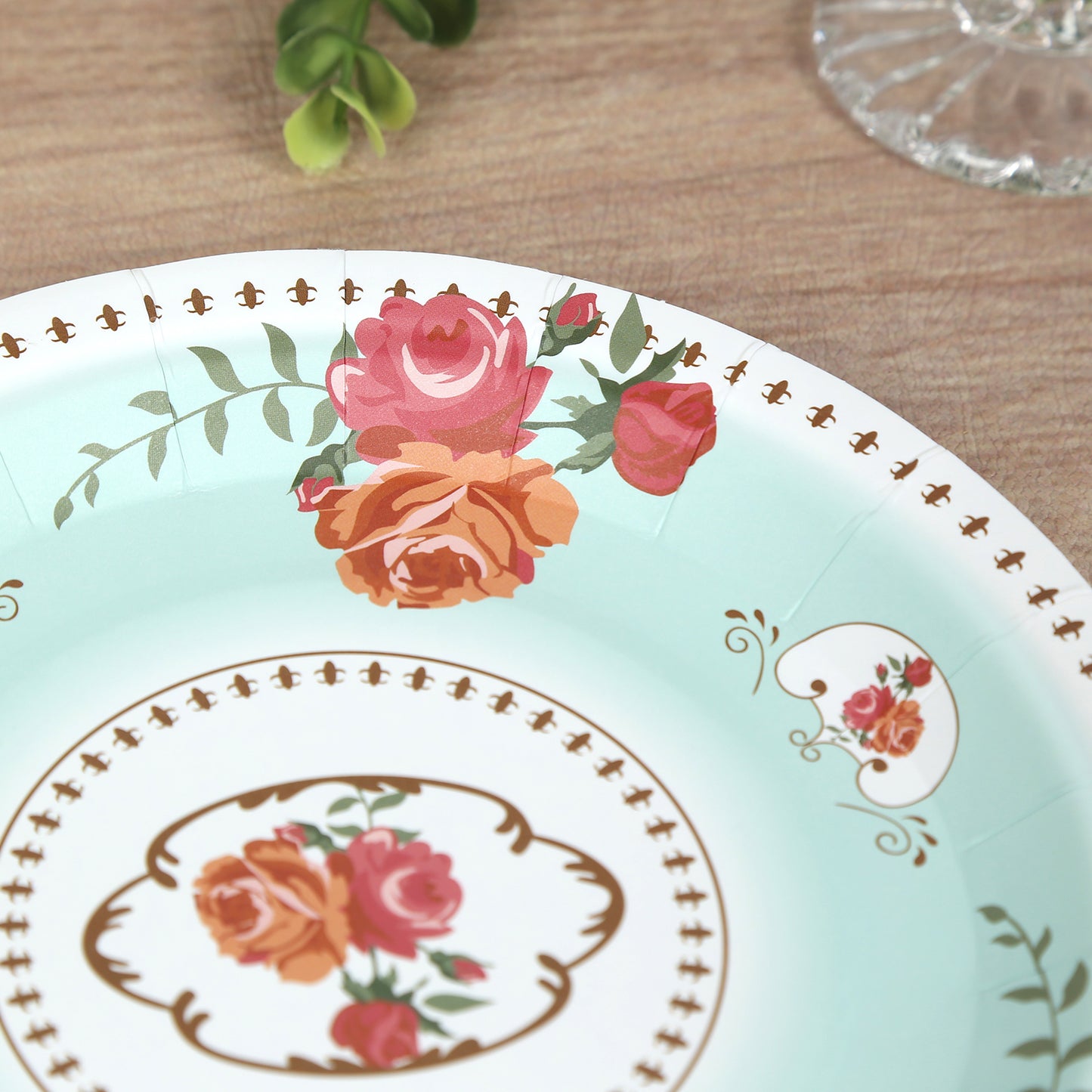 25 Pack Light Turquoise Round Floral Paper Salad Plates, Disposable Tea Party Appetizer Dessert Plates with Rose Flowers Print - 7"