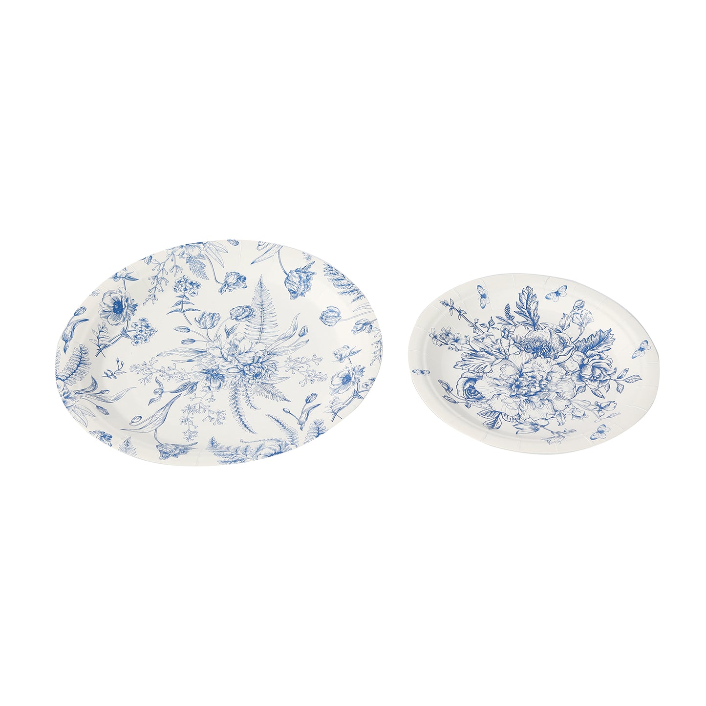 50 Pcs White Blue Vintage Floral Disposable Plates with French Toile Pattern, Round Dinner and Dessert Paper Plates - 7",9"