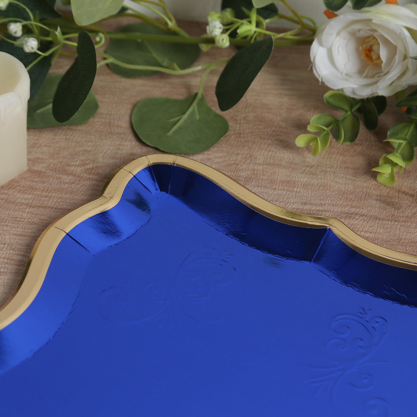 10 Pack | Elegant Royal Blue / Gold Rim Disposable Serving Trays, Heavy Duty 400 GSM Paper Rectangular Party Platters - 14"x10"