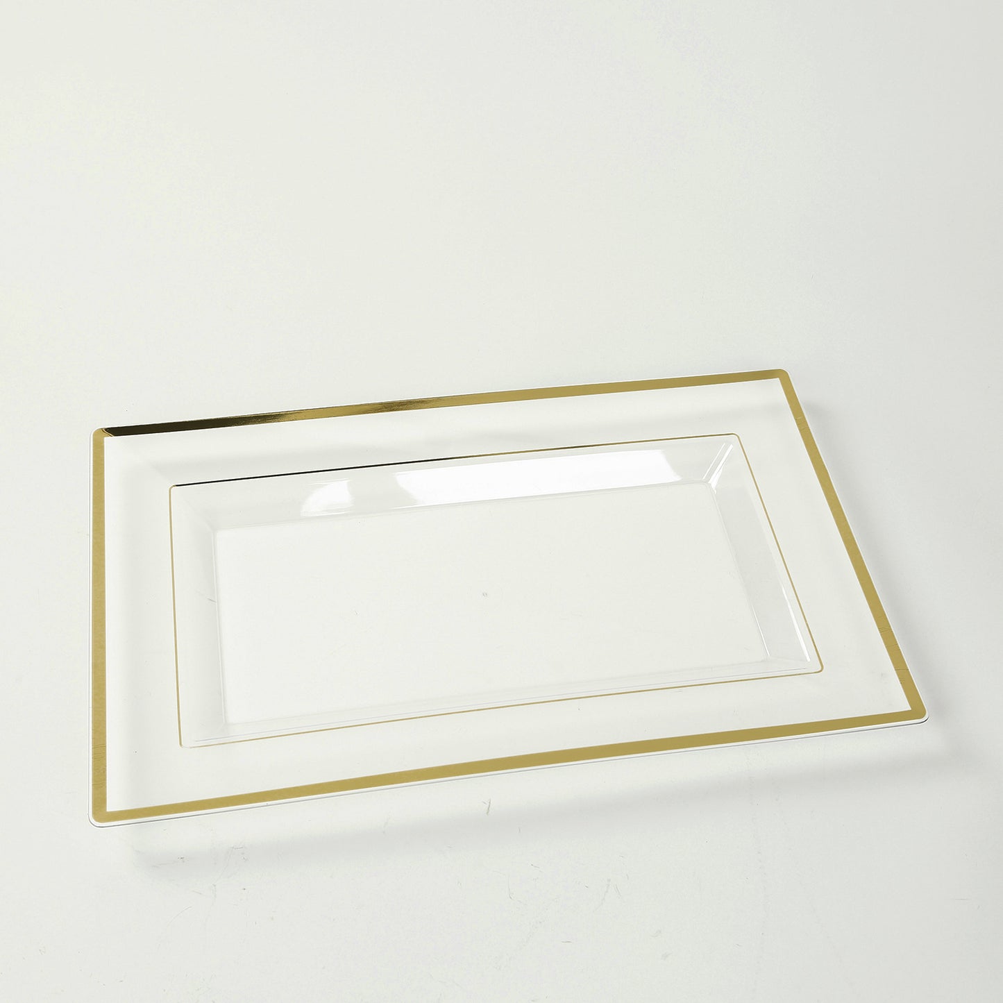 10 Pack Clear Rectangular Plastic Serving Trays with Gold Rim, 13"x8" Disposable Party Platters for Appetizers and Snacks