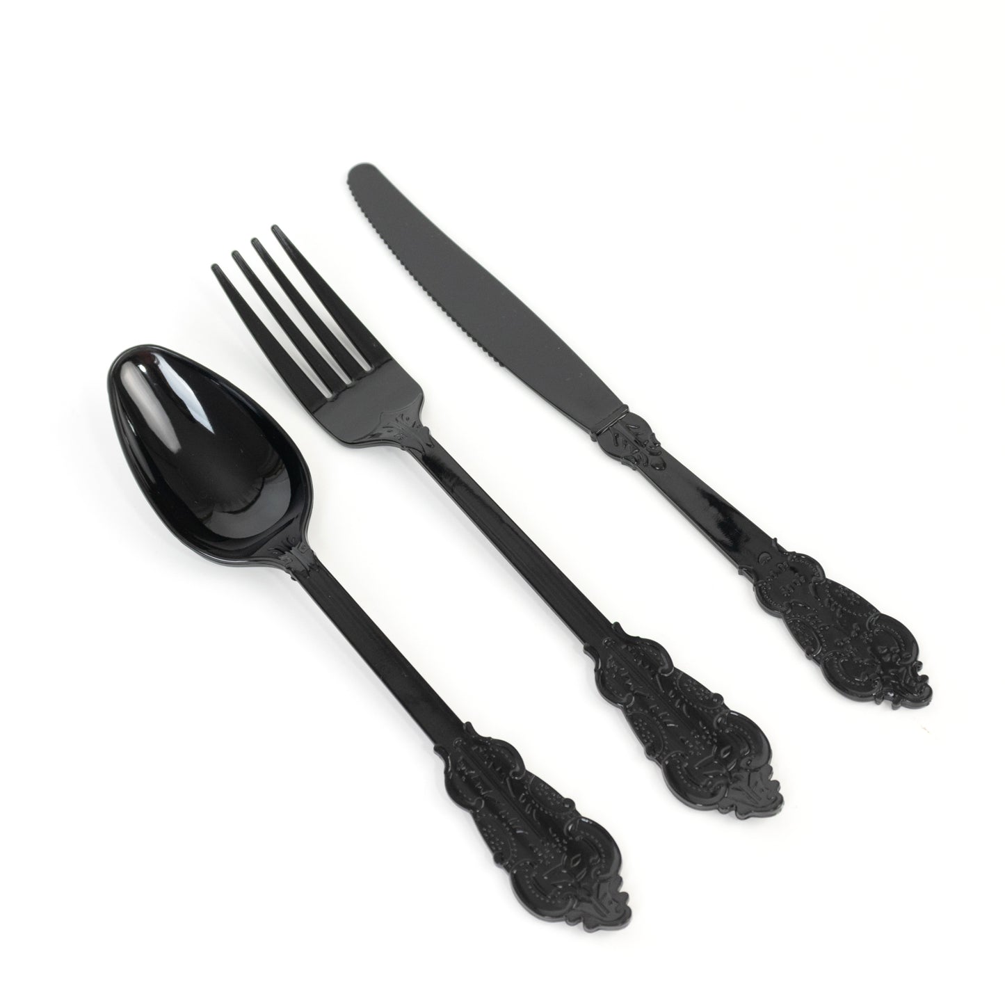 72 Pcs Plastic Silverware Set in Baroque Style Black - Heavy Duty Disposable Knife, Fork, and Spoon Set