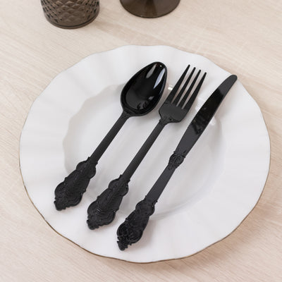 Black Baroque Style Plastic Silverware Set – 72 Pcs Black Baroque Style Plastic Silverware Set – 72 Pcs