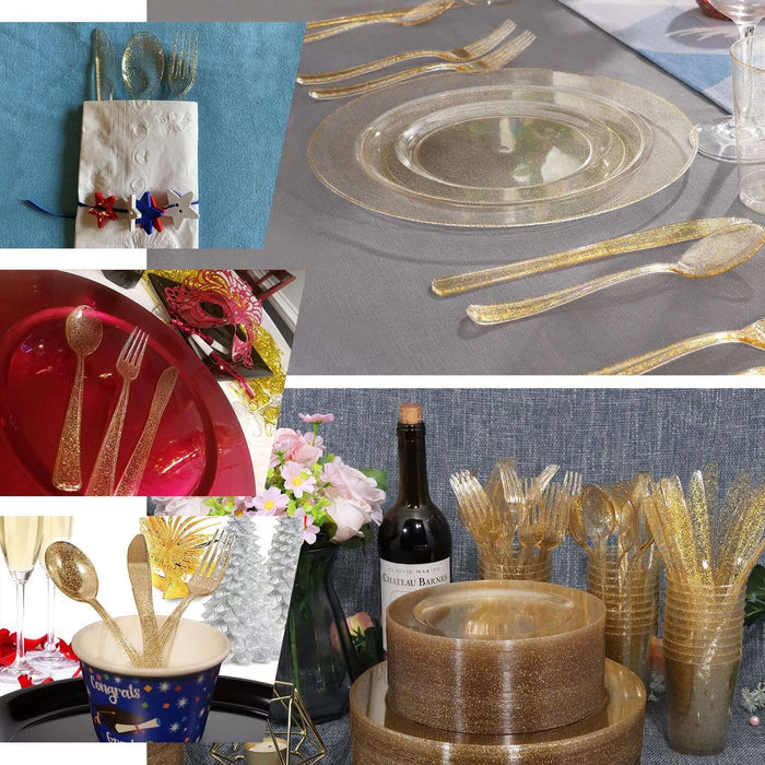 Clear gold glittered heavy duty plastic knives, perfect for parties and events.