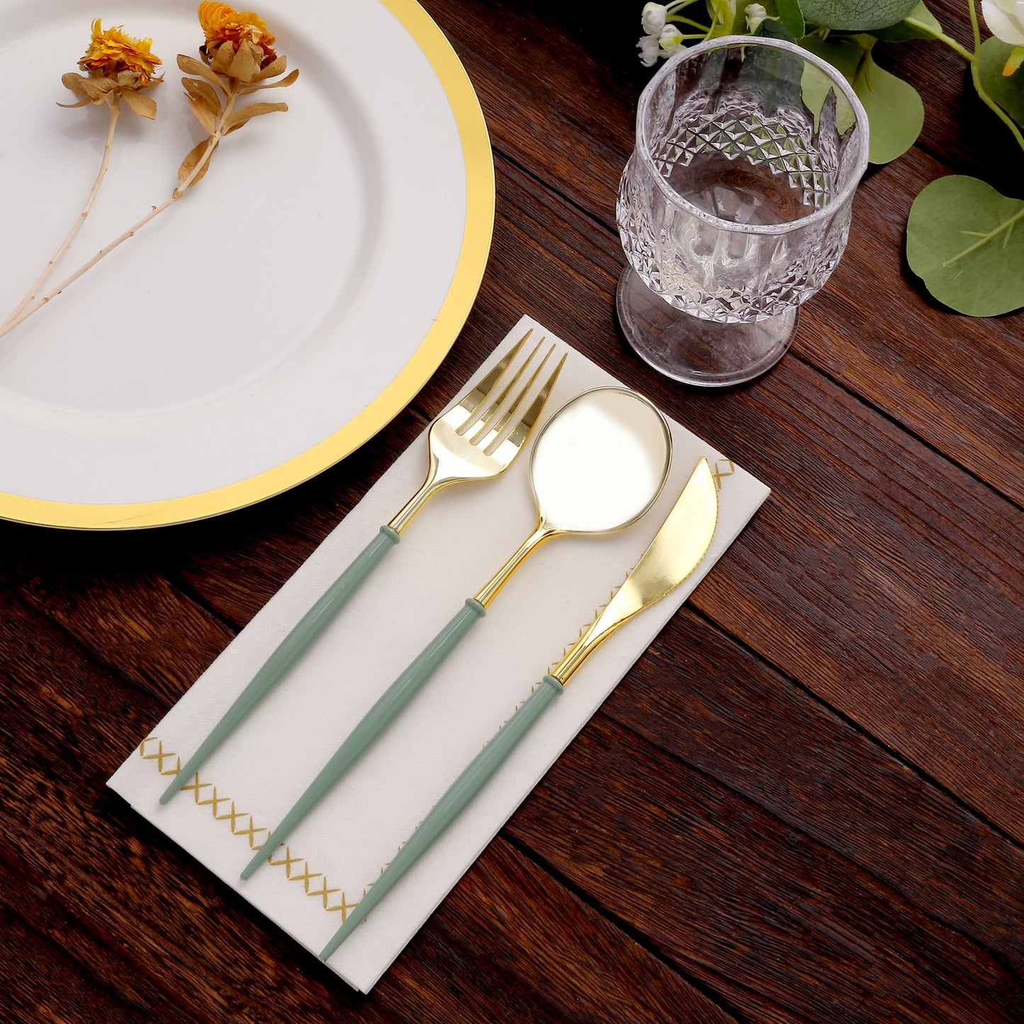 24 Pack Metallic Gold With Dusty Sage Green Silverware Set, 8" Modern Premium Plastic Utensil Set