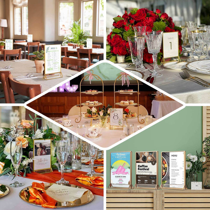 Gold freestanding table sign holders displaying menus and numbers at elegant events.