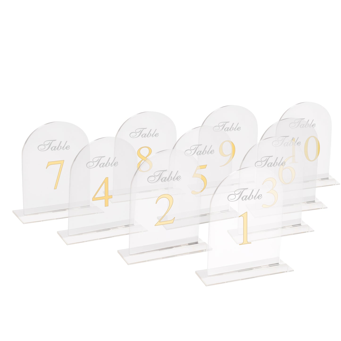 Clear arch acrylic table numbers with gold print for weddings.