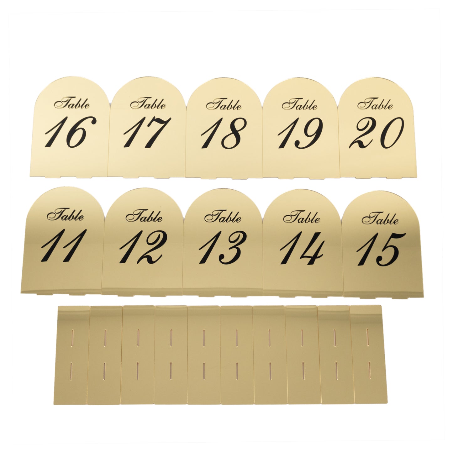 Gold mirror arch table numbers 11-20 with black print for wedding receptions.