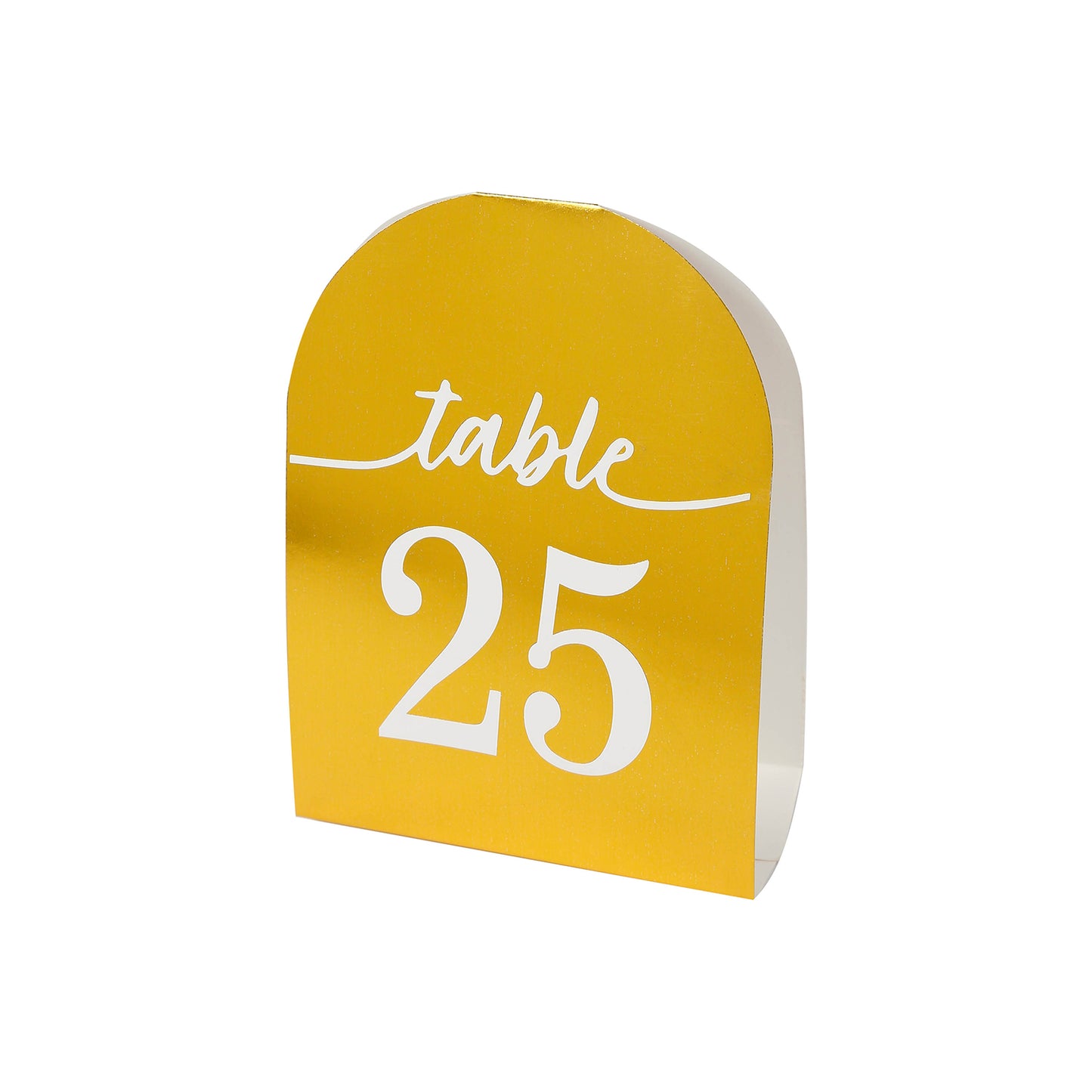 Metallic gold table number card displaying "Table 25" in white.