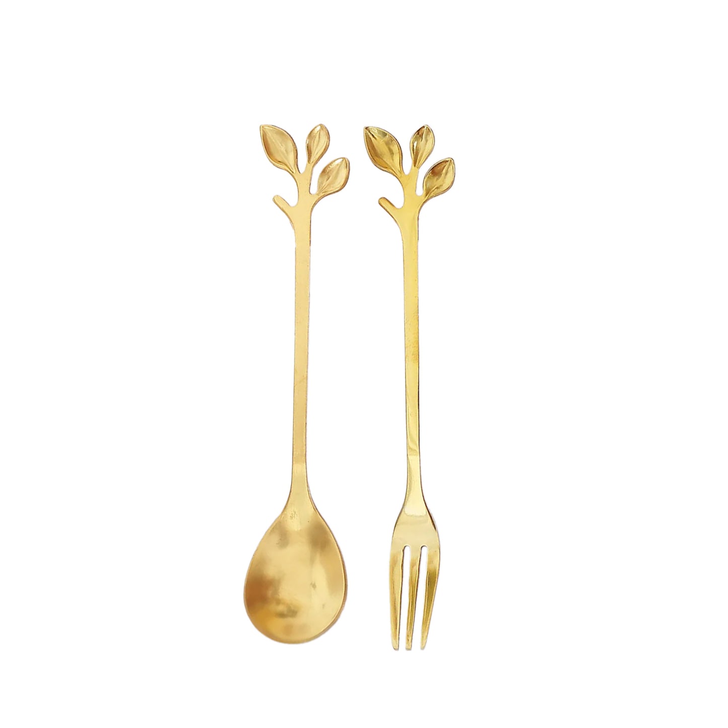 Gold spoon and fork set with leaf-shaped handles, perfect for bridal shower favors.