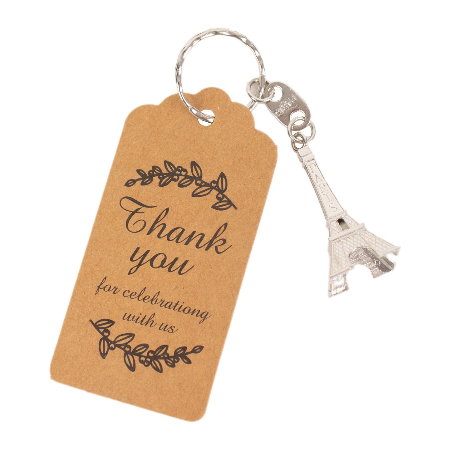 Silver Eiffel Tower keychain with thank you tag for wedding favors.