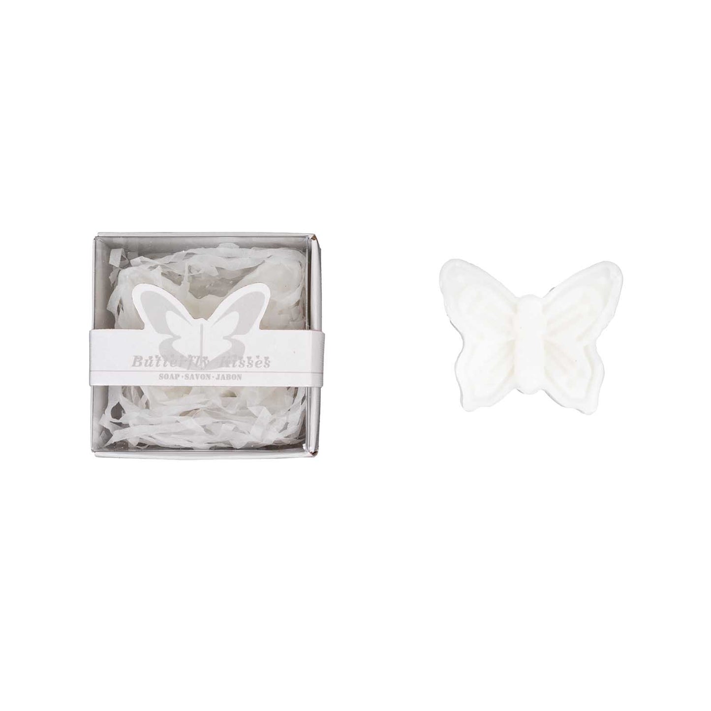 White butterfly soap favors in gift boxes for baby or bridal showers.