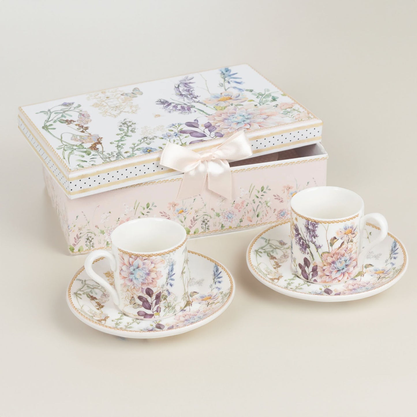 Blush Floral Design Bridal Shower Gift Set, Set of 2 Porcelain Espresso Cups and Saucers with Matching Keepsake Box