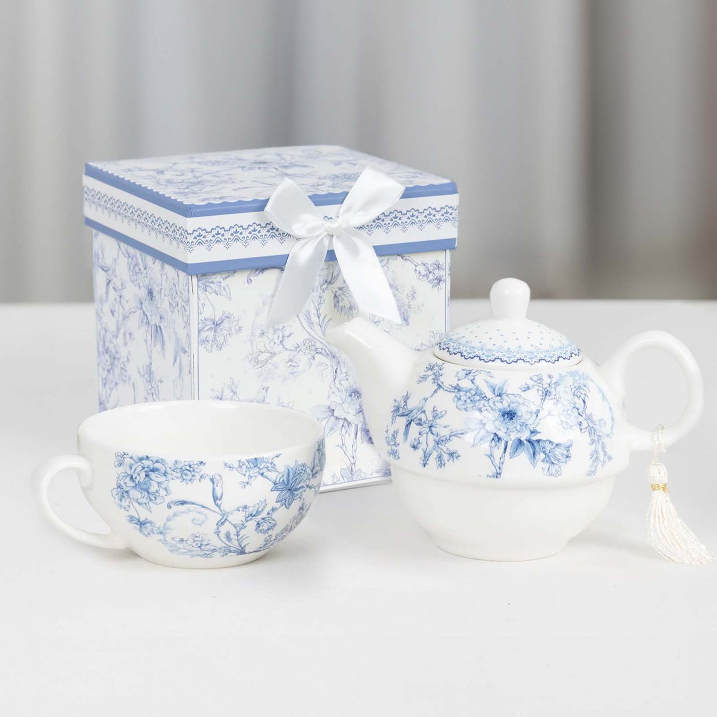 White Blue French Toile Bridal Shower Gift Set, Porcelain Teapot and Cup Set with Matching Keepsake Gift Box