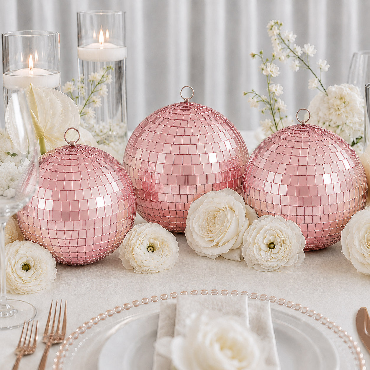 6 Pack 2" Rose Gold Foam Disco Mirror Ball With Hanging Strings, Holiday Christmas Ornaments