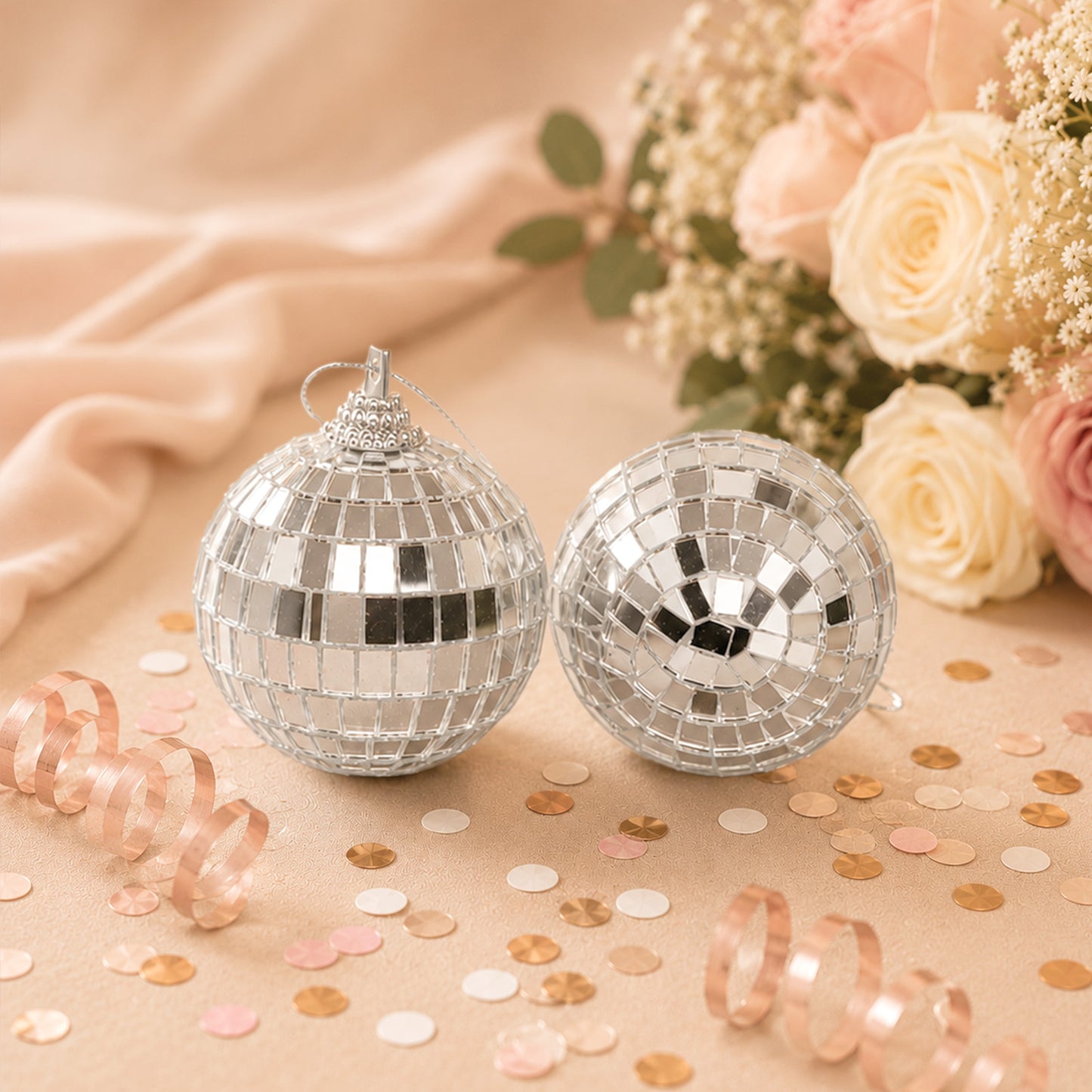 4 Pack | 4" Silver Foam Disco Mirror Ball With Hanging Strings, Holiday Christmas Ornaments