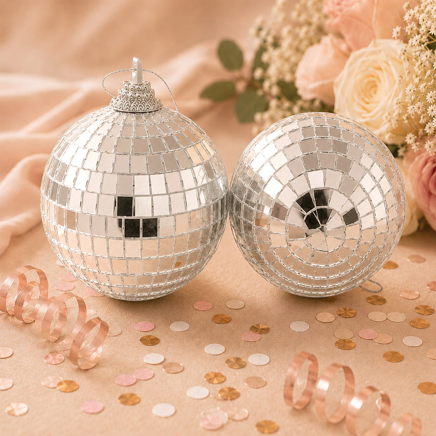 4 Pack | 8" Silver Foam Disco Mirror Ball With Hanging Ring, Holiday Party Decor