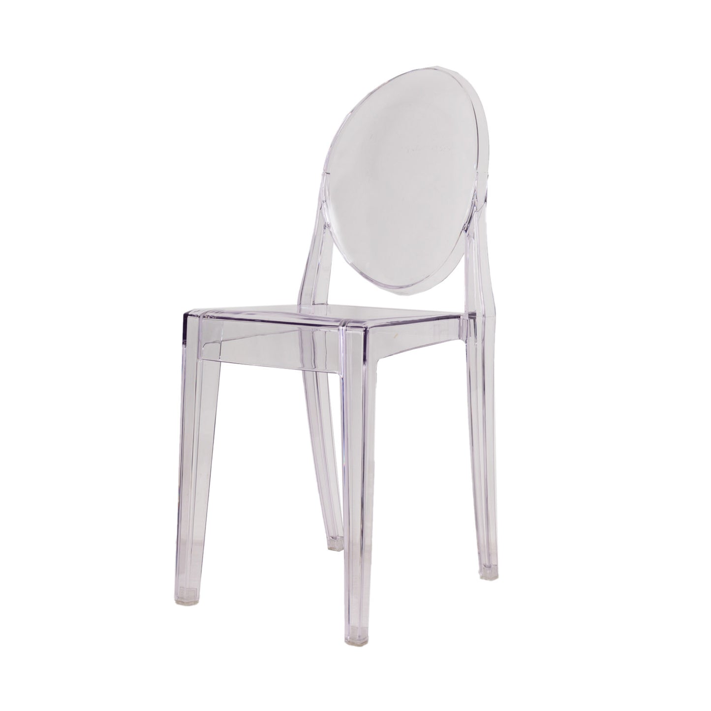 Clear acrylic ghost banquet chair with oval back, fully assembled and armless.
