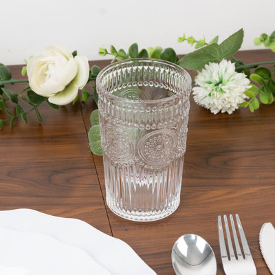 Clear Glass Tumblers with Vintage Floral Embossing Clear Glass Tumblers with Vintage Floral Embossing