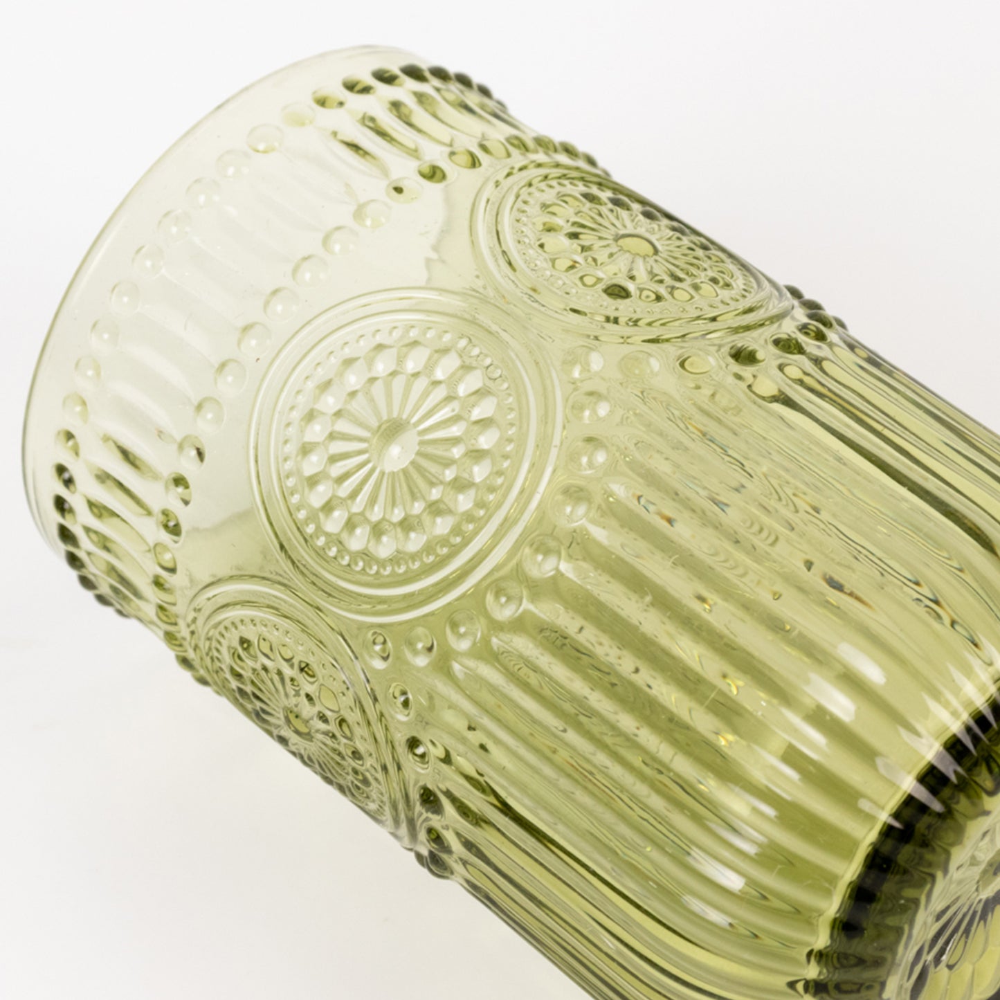 Vintage Embossed Drinking Glasses, Highball Cocktail Glass Tumblers with Textured Floral Pattern - Dusty Sage Green, 14oz, 6-Pack