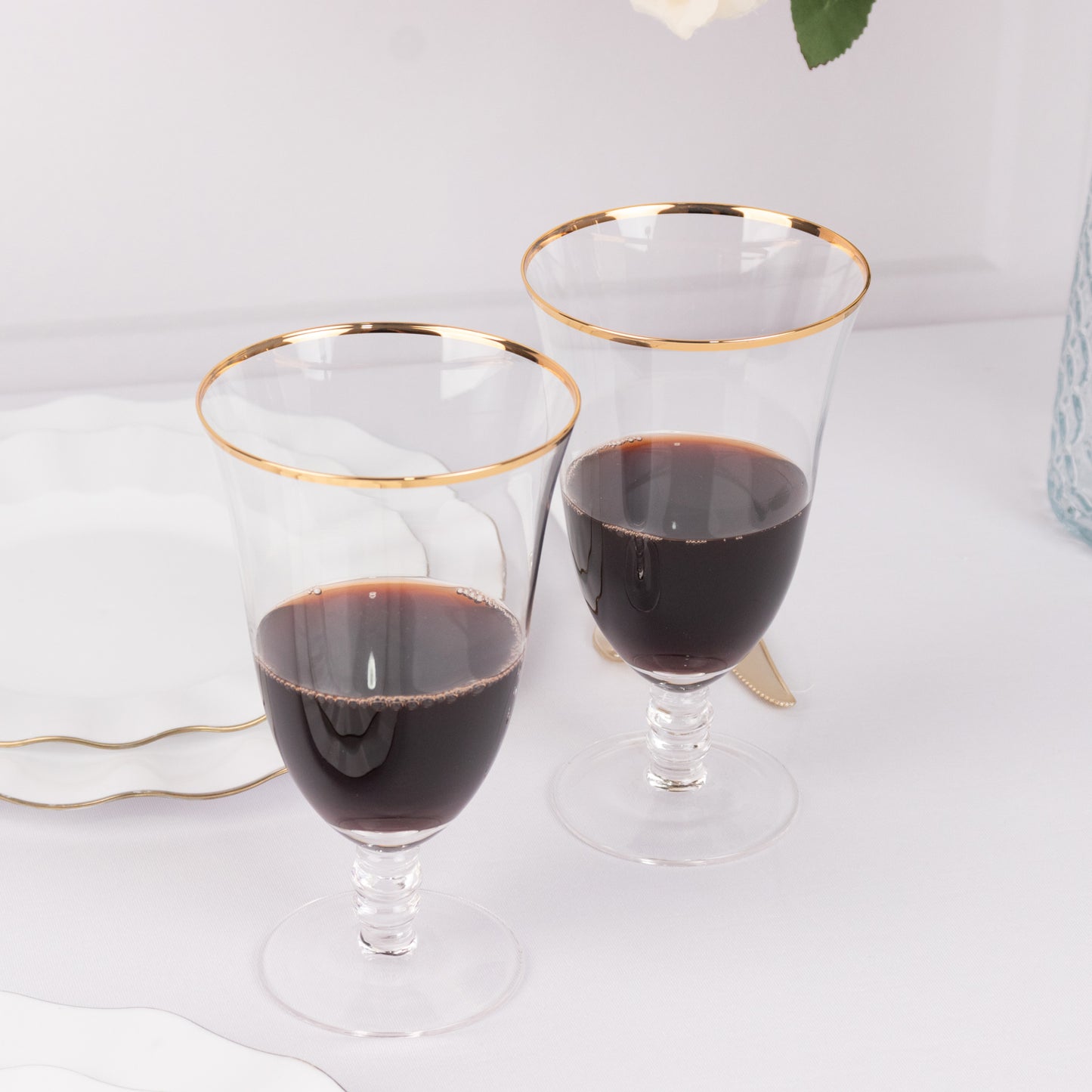 6 Pack Crystal Gold Rimmed Red Wine Glasses with Short Beaded Stem, 16oz Clear Water Goblet Cocktail Glasses - 7"