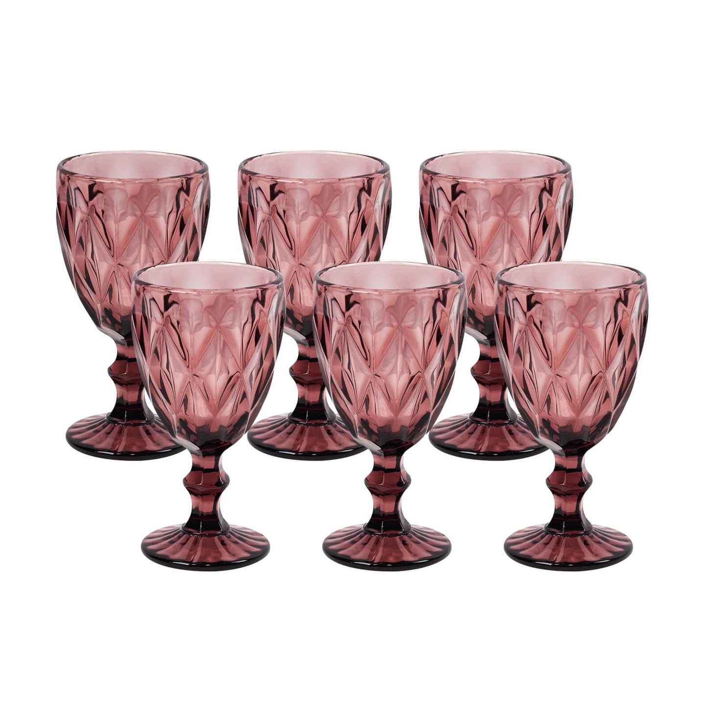 6 Pack Dusty Rose Crystal Cut Cocktail Glasses, 12oz Embossed Stemmed Colored Wine Glasses Goblets - 7"