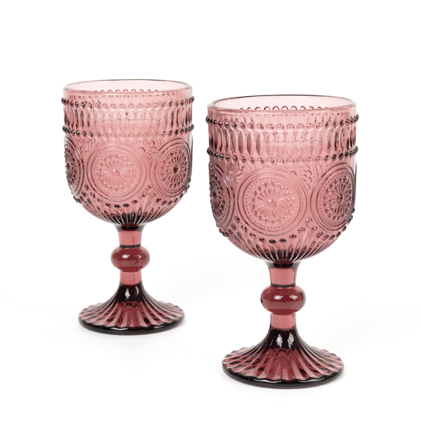 Dusty rose vintage embossed goblet wine glasses, short stemmed, floral pattern.
