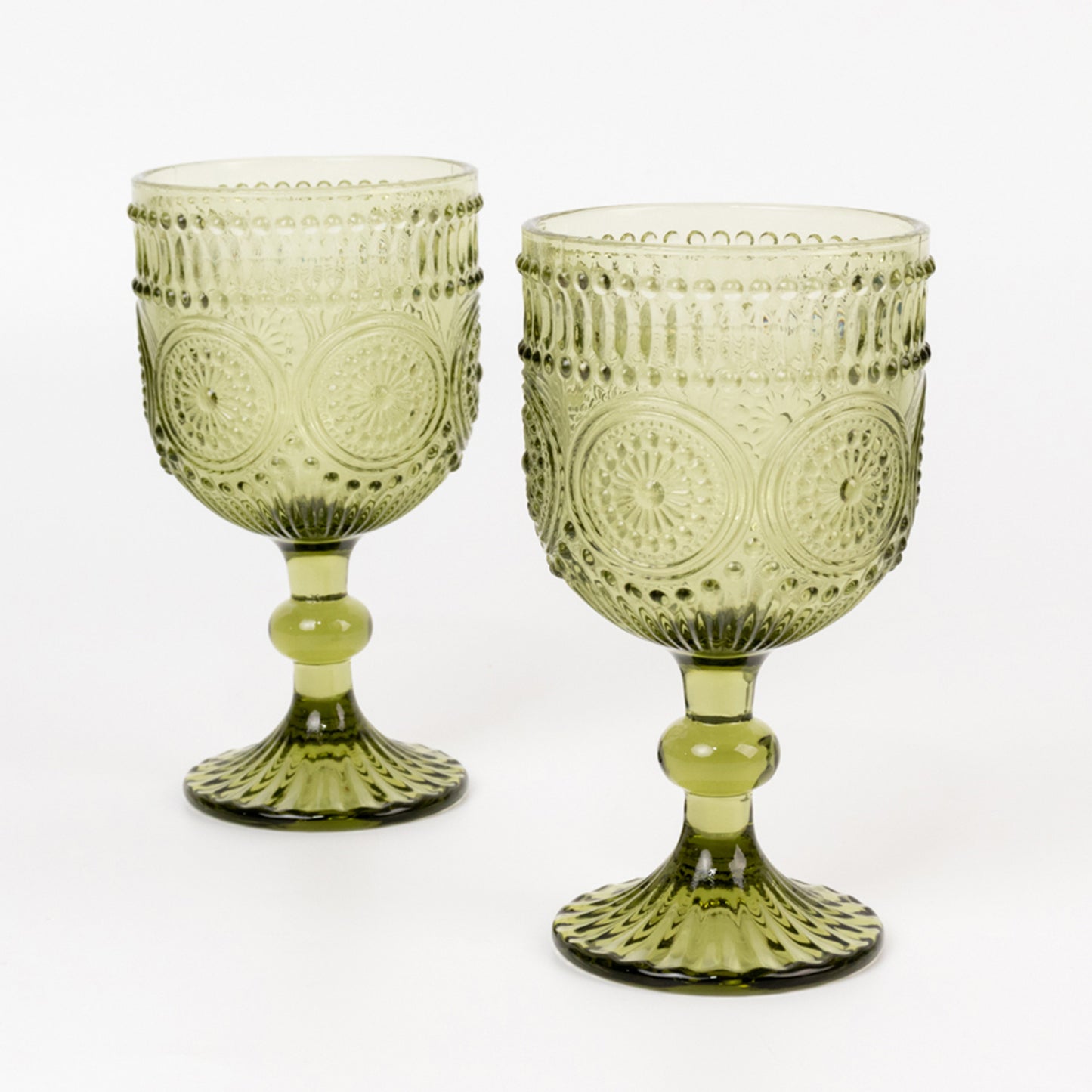 Dusty sage green embossed goblet wine glasses, 12oz, set of 6.