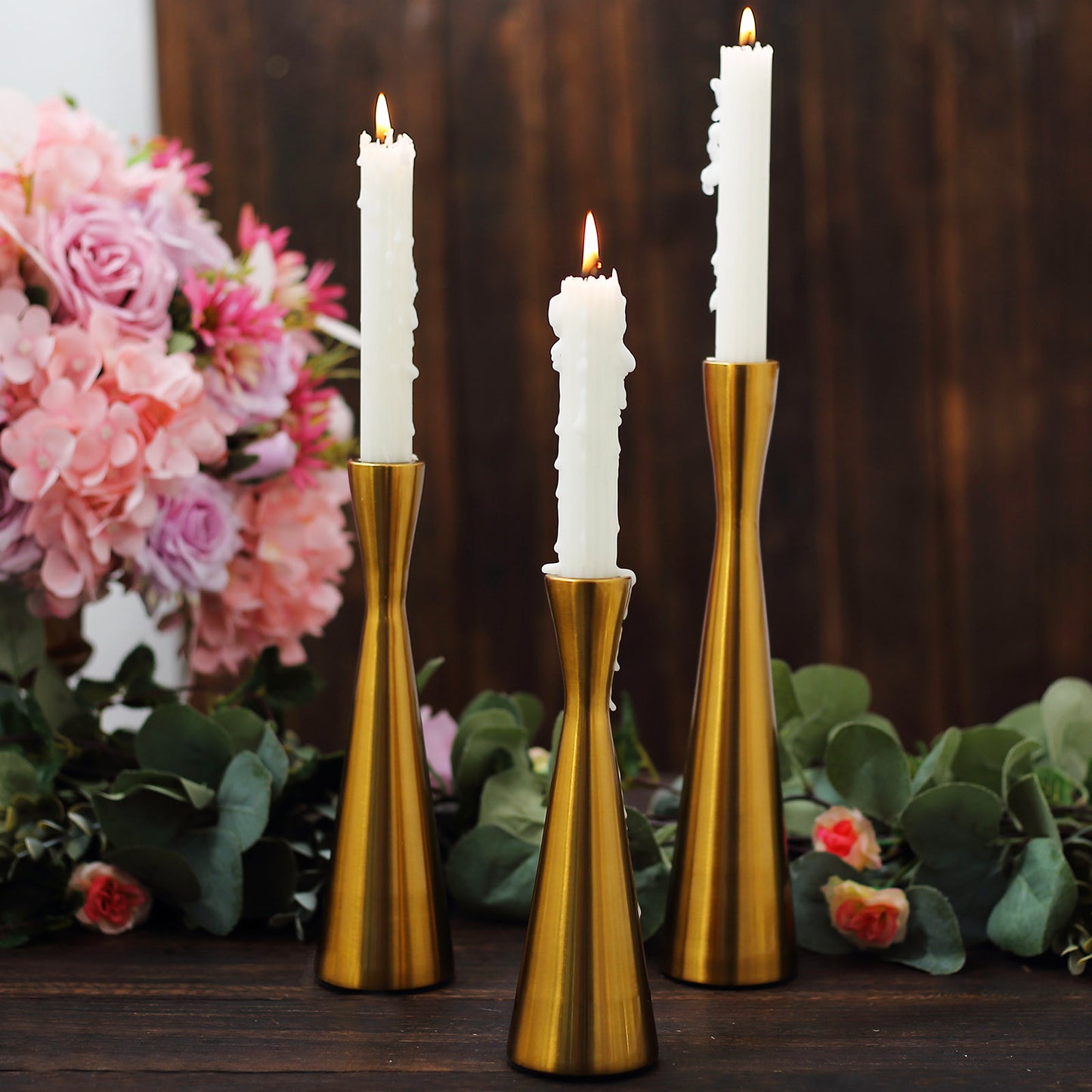 Set of 3 Nordic Hourglass Style Gold Metal Candlestick Holders, Modern European Style Taper Candle Stands - 8",9",11"