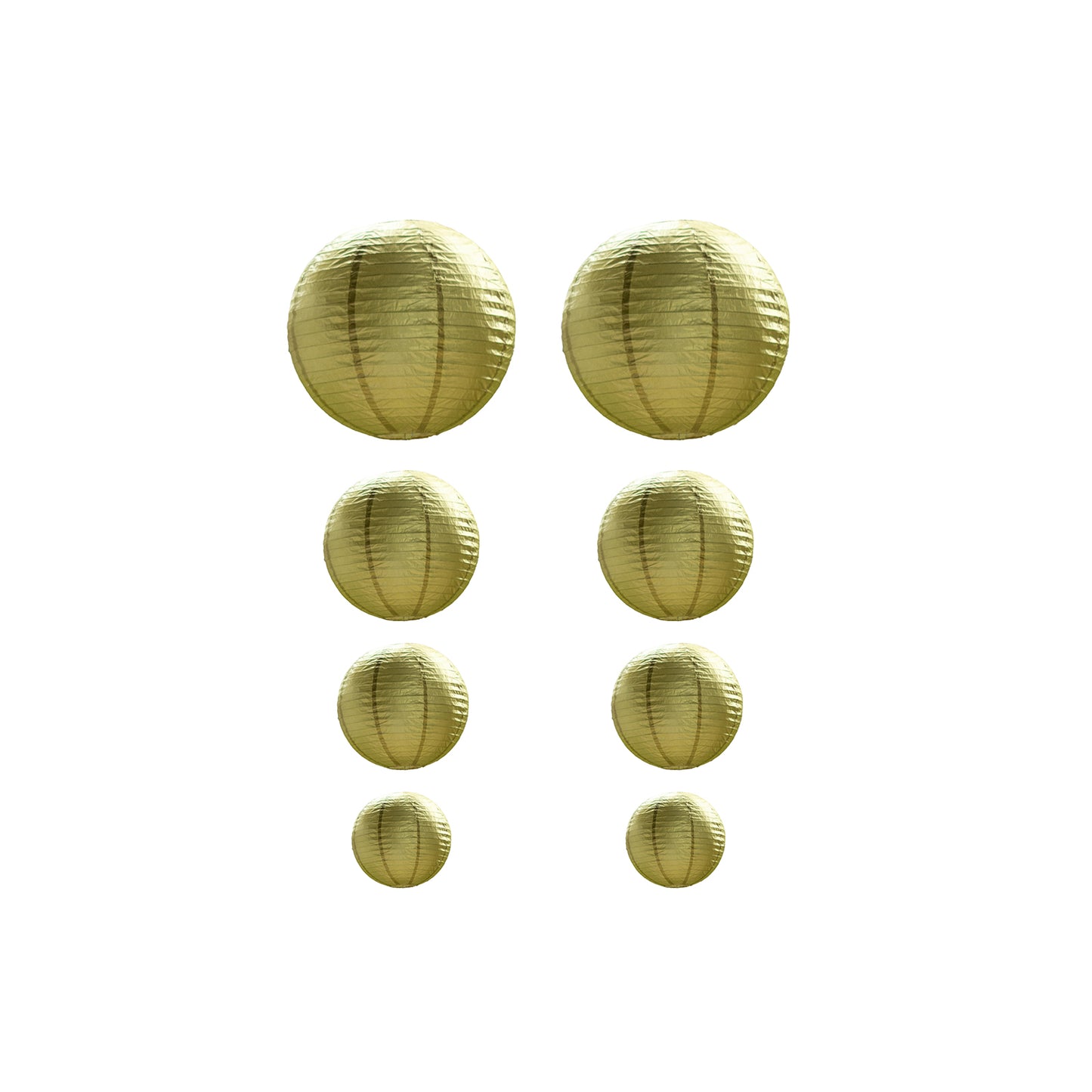 Set of 8 gold hanging paper lanterns in assorted sizes.