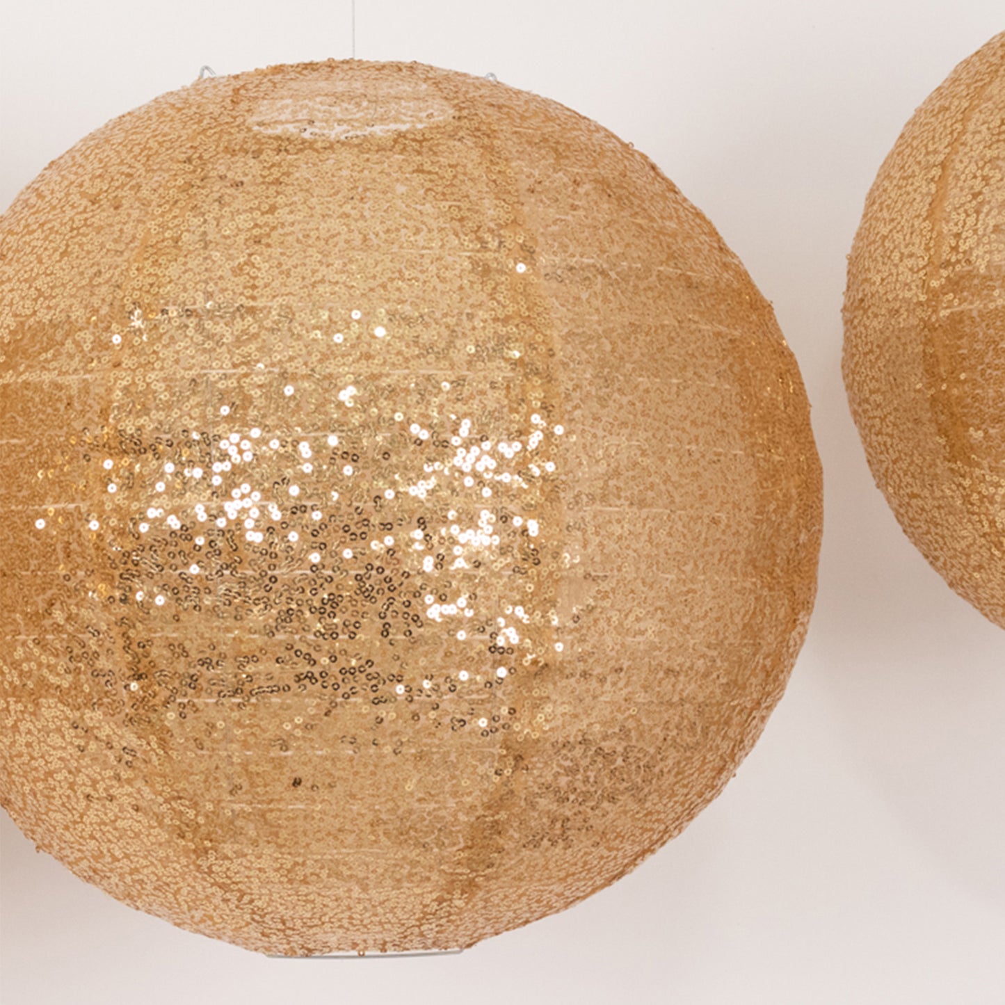 Set of 3 Glitter Gold Sequin Fabric Hanging Lanterns, Large Decorative Round Foldable Chinese Lantern Lampshades - 14",16",20"