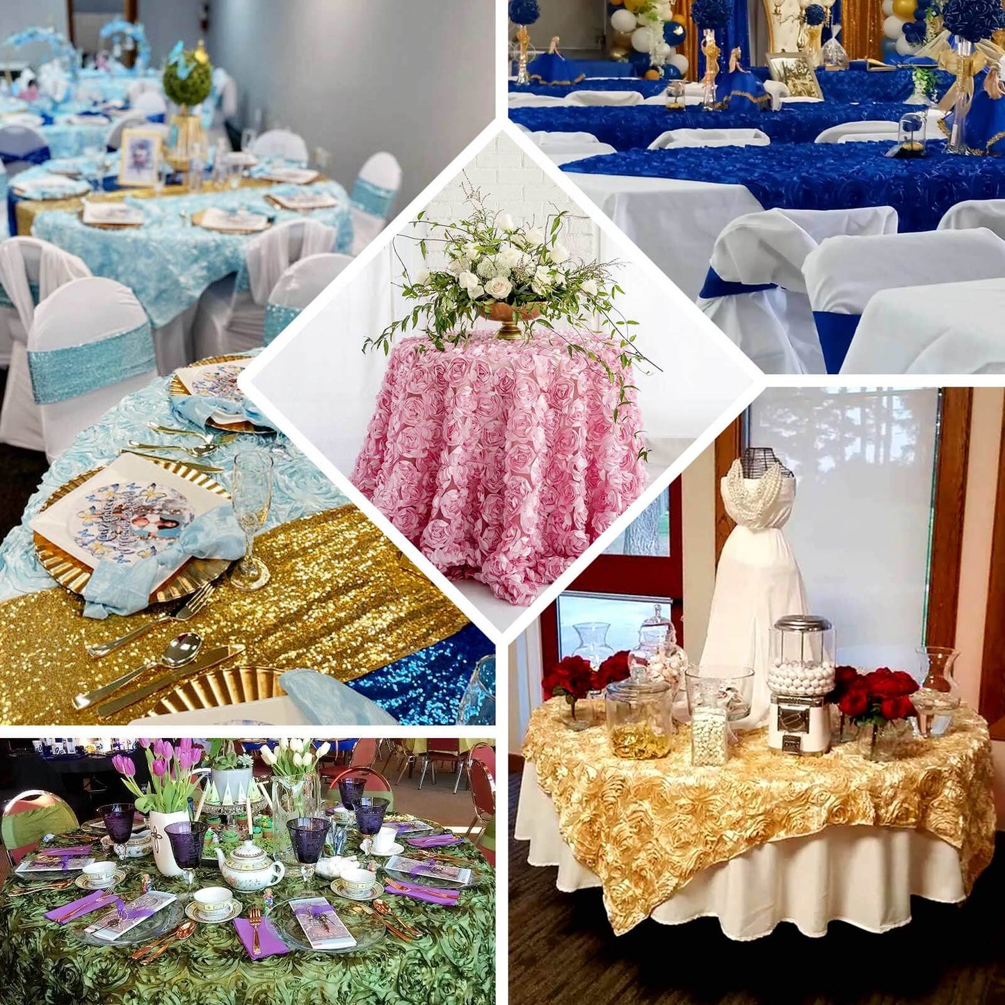 Dusty blue 3D rosette satin table overlay on a square table.