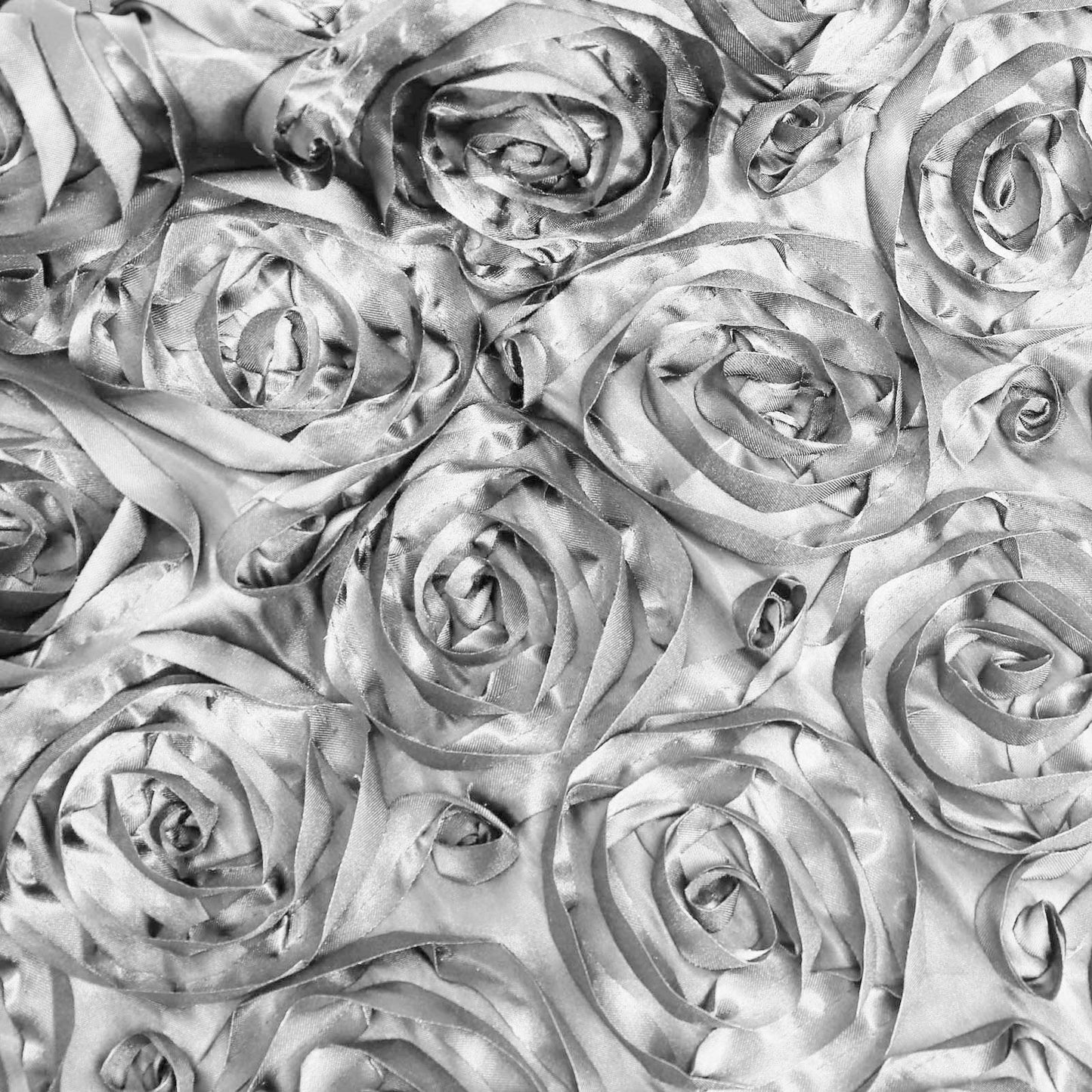 Silver 3D rosette satin square table overlay, 72"x72".