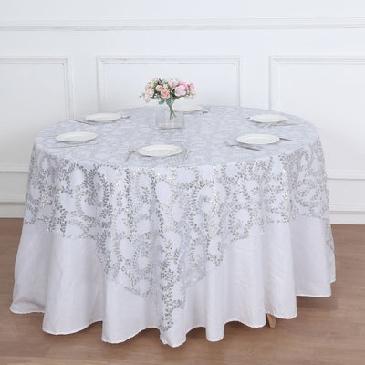 Glamorous Design of the Silver Sequin Leaf Table Overlay Glamorous Design of the Silver Sequin Leaf Table Overlay