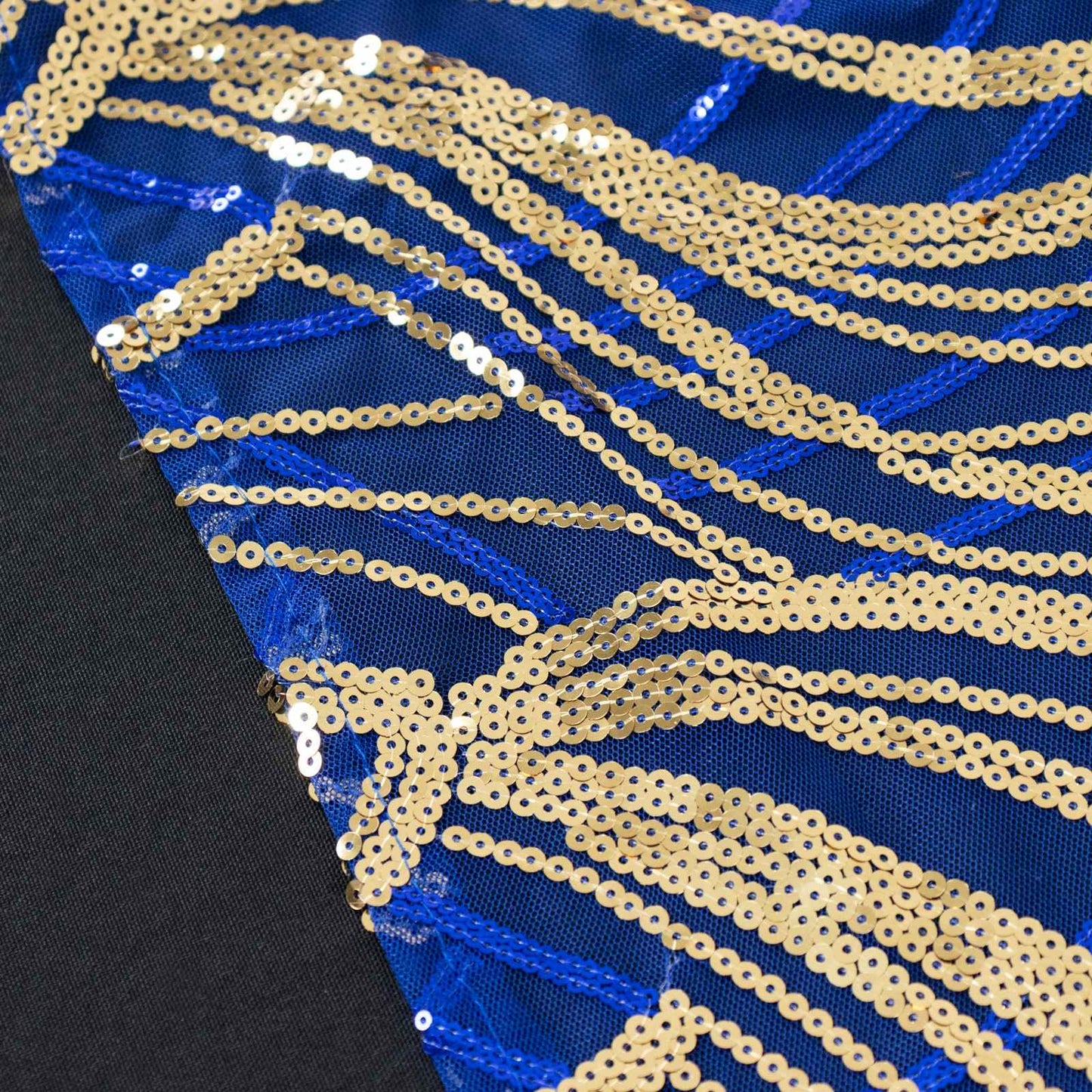 72"x72" Royal Blue Gold Wave Mesh Square Table Overlay With Embroidered Sequins
