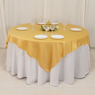 Sophisticated Charm with Champagne Lamour Satin Table Overlay Sophisticated Charm with Champagne Lamour Satin Table Overlay