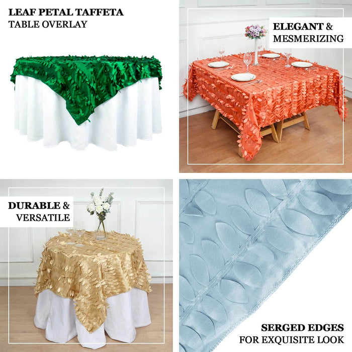 Dusty rose 3D leaf petal taffeta fabric table overlay.