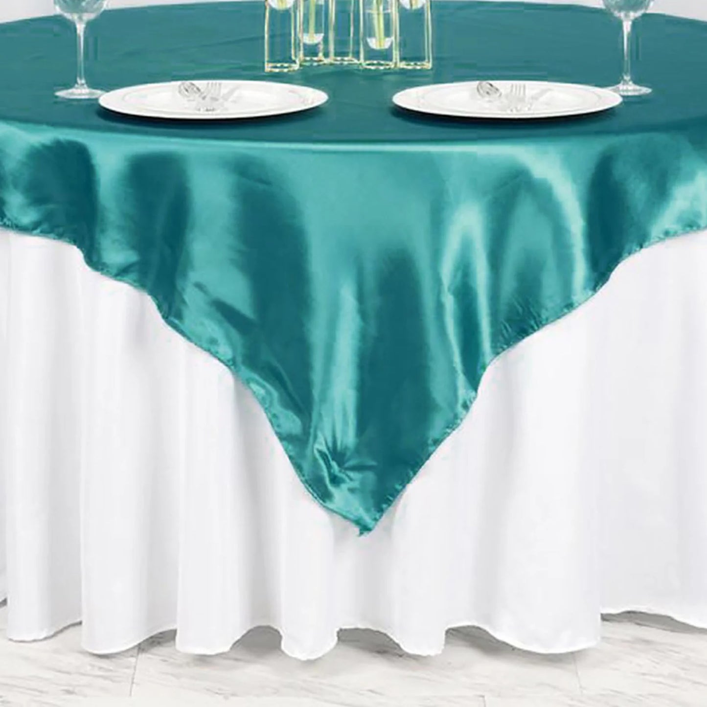 72 Inch x 72 Inch Square Turquoise Satin Tablecloth Overlay#whtbkgd