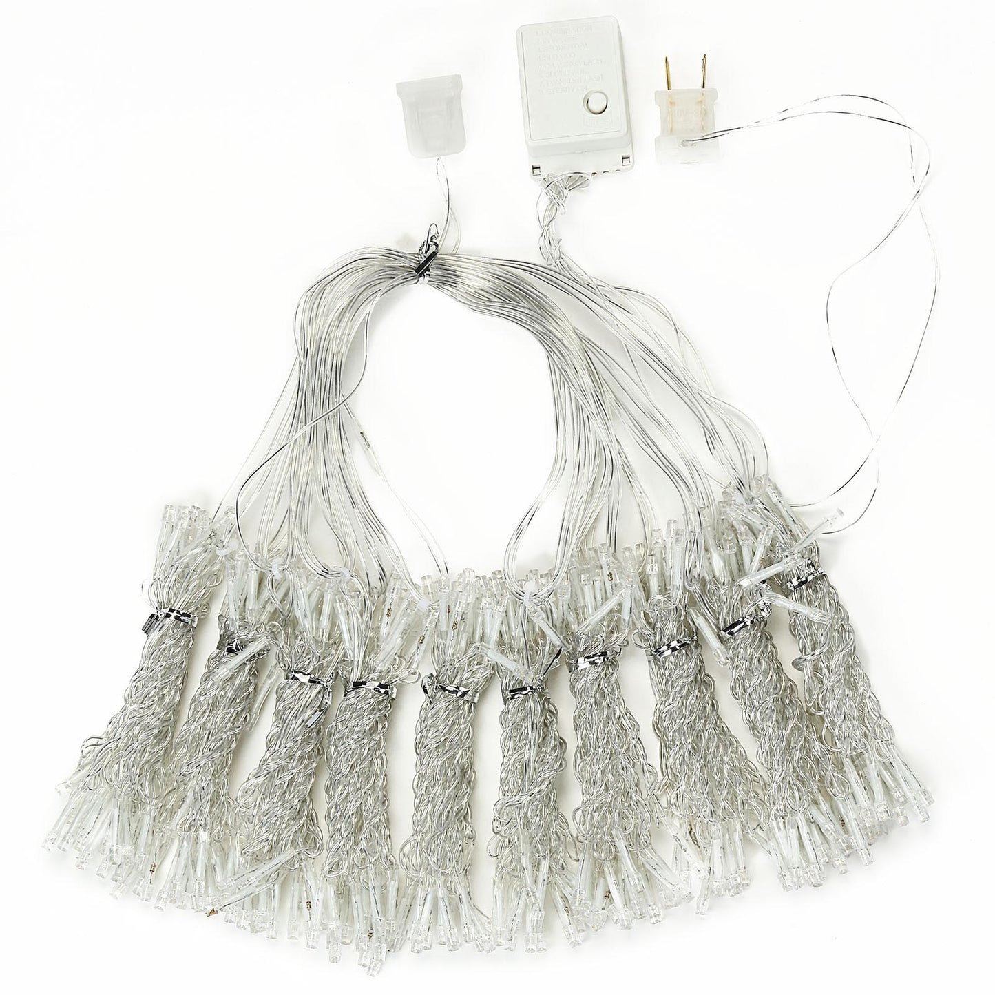 Cool white LED curtain string lights with 8 modes and memory controller.