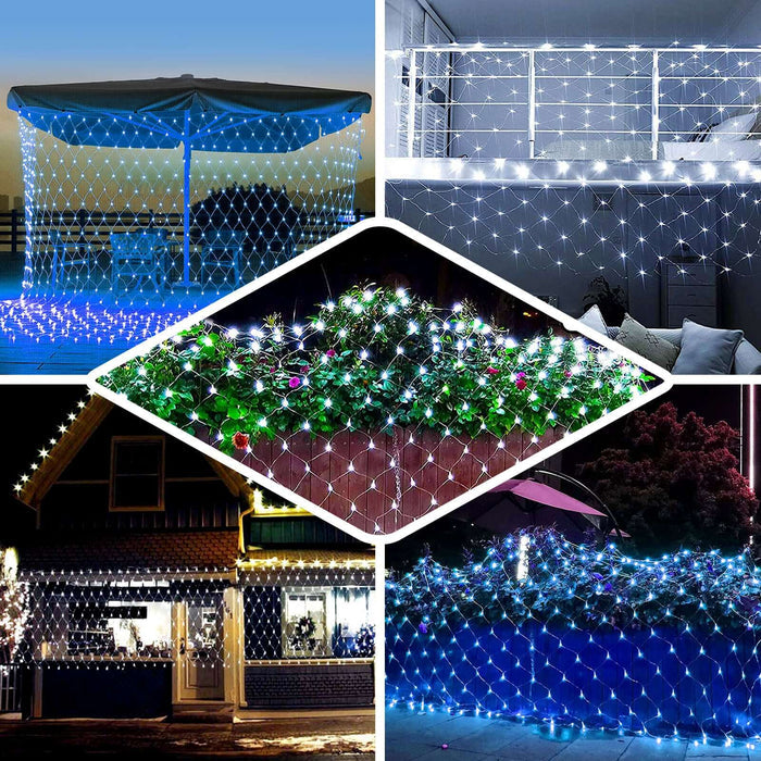 Clear 600 LED fish net lights with 8 modes, ideal for outdoor decoration.