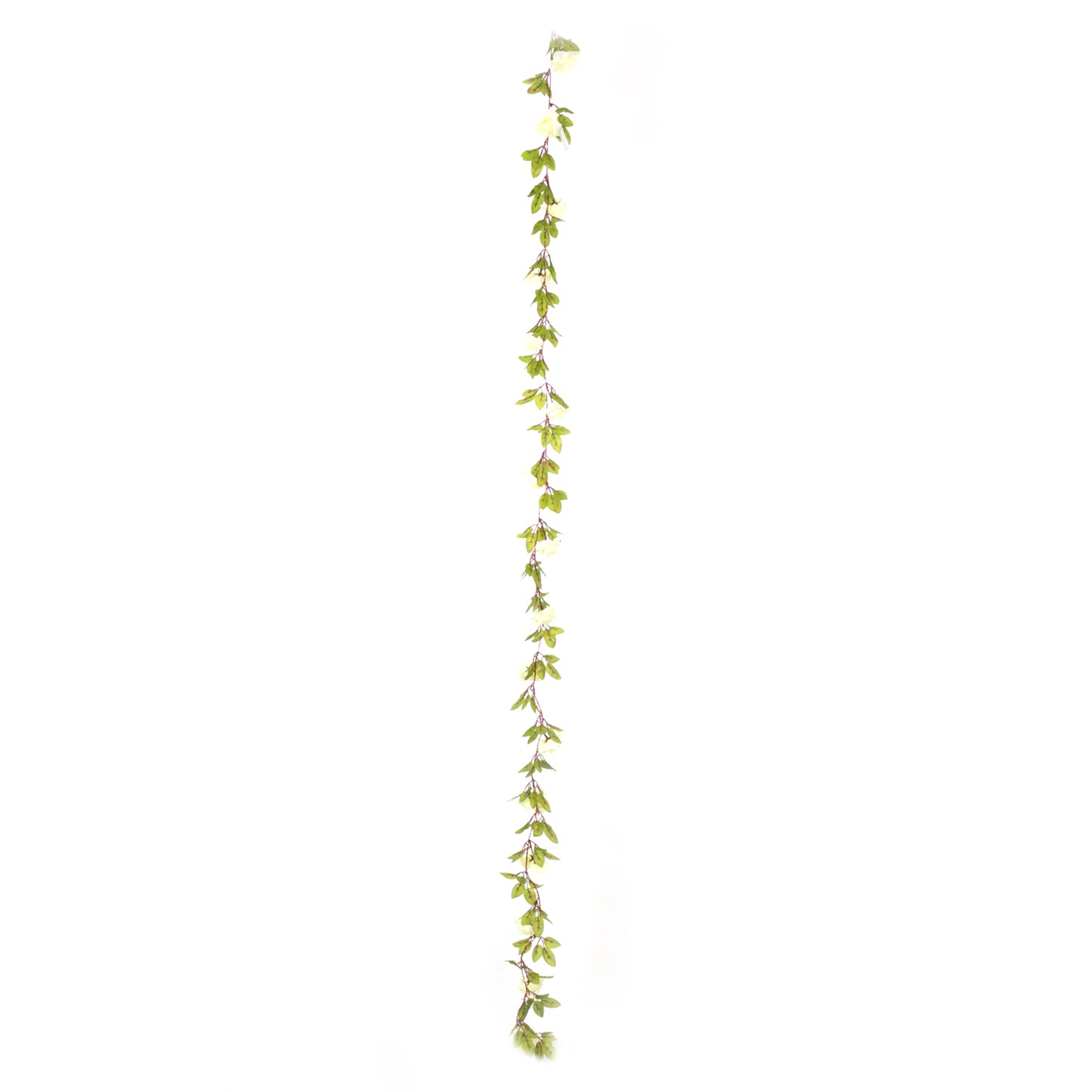 Green silk rose flower garland with warm white LED lights, 7ft long.