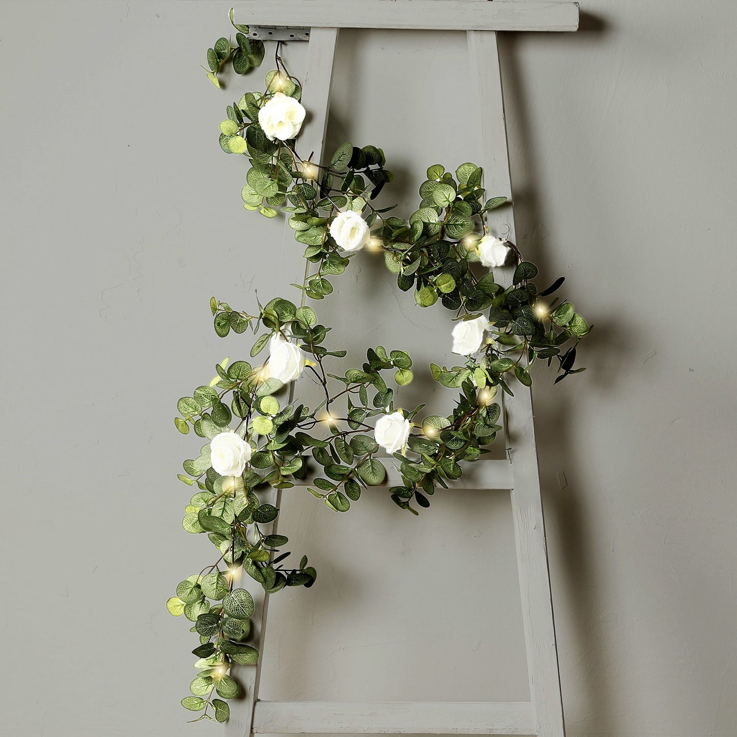 6ft Lighted Eucalyptus Garland with Ivory Roses & Battery-Operated Fairy Lights – Faux Greenery Vine