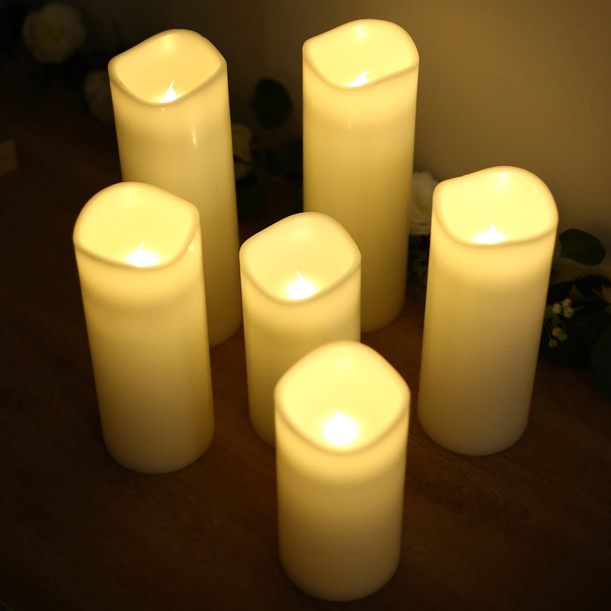 Set of 6 White Flameless LED Pillar Candles, Real Wax Wavy Top with Flickering Light & 6/18H Timer -