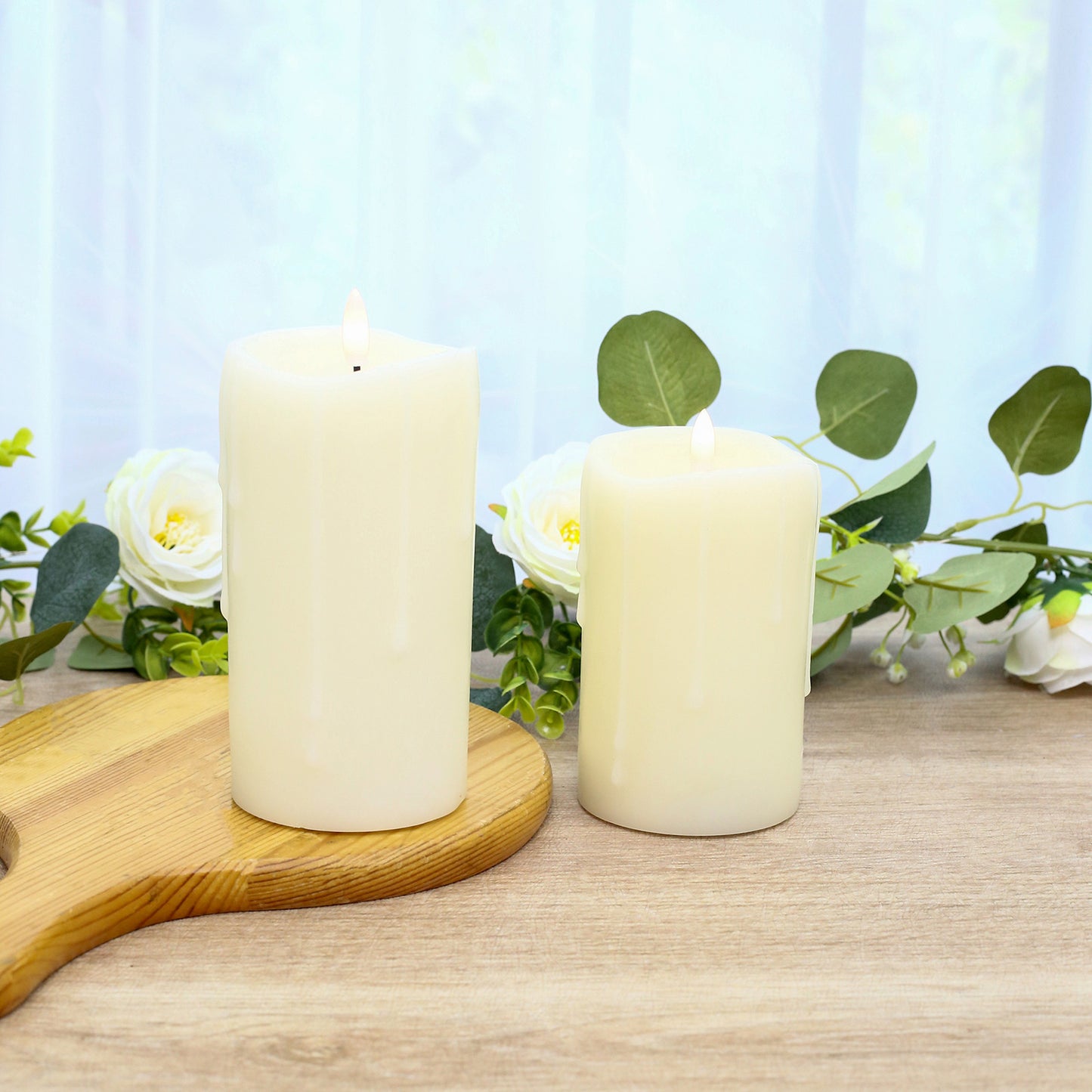 Set of 5 Ivory Flickering Flameless LED Pillar Candles – Real Wax Dripping Edge, Battery Operated, W