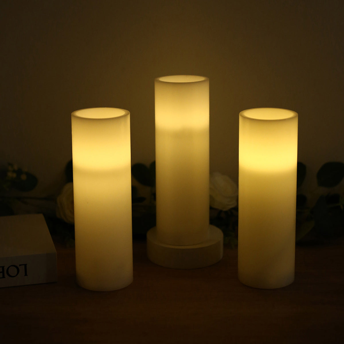 6 Pack White Flameless LED Pillar Candles, 3" x 9" Flat Top Real Wax Battery Operated Candles with W